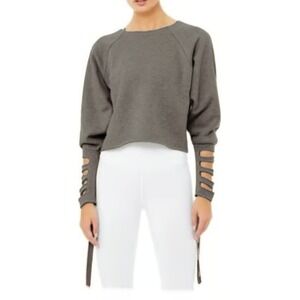 Alo Yoga Tribe Sweatshirt Sweater Women Sz M/L Taupe Tie Cuff Cropped CHECK SIZE
